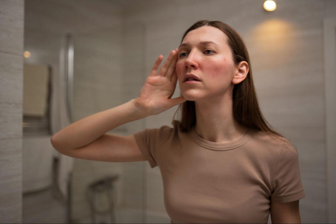 A woman with sensitive, eczema-prone skin