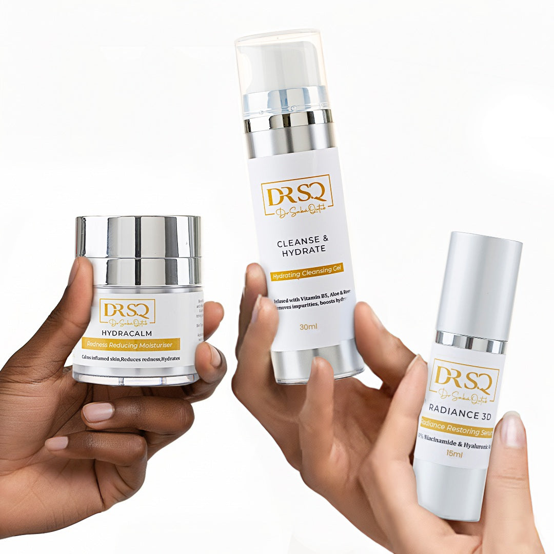 Women holding bottles of Rosacea Starter Kit, including Cleanse & Hydrate Cleanser, Radiance 3d, and Hydracalm Moisturiser