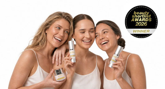 (Women happily posing with DRSQ award-winning products at Beauty Shortlist Awards 2026