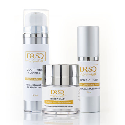 DRSQ Acne Starter Kit Comprising Clarifying Cleanser, Acne Clear Serum, and Hydracalm Moisturiser.