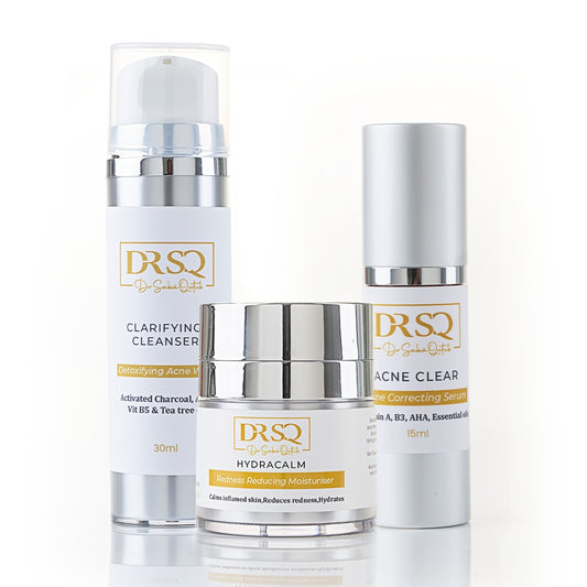 DRSQ Acne Starter Kit Comprising Clarifying Cleanser, Acne Clear Serum, and Hydracalm Moisturiser.