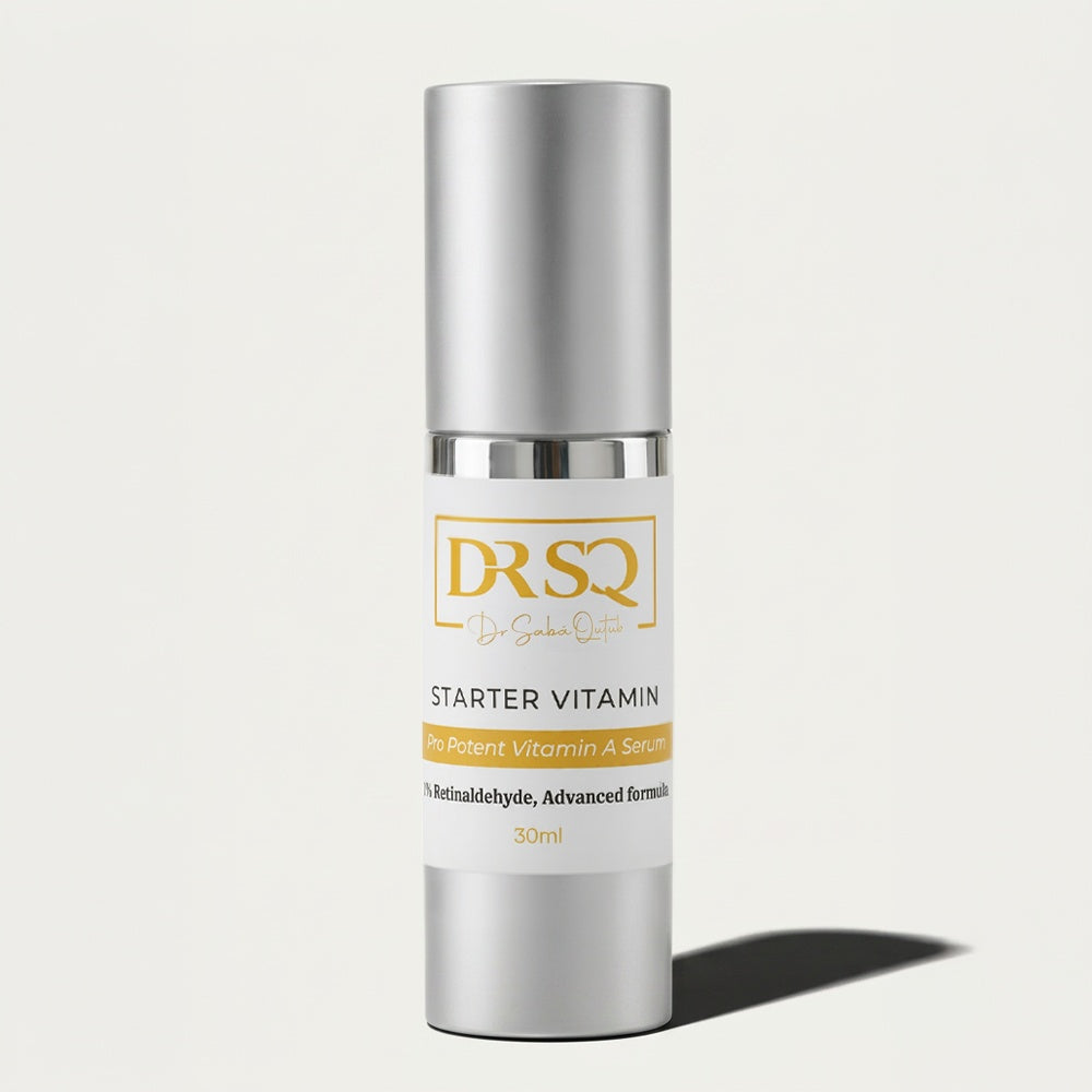 Starter Vitamin A serum bottle with the grey shadow behind