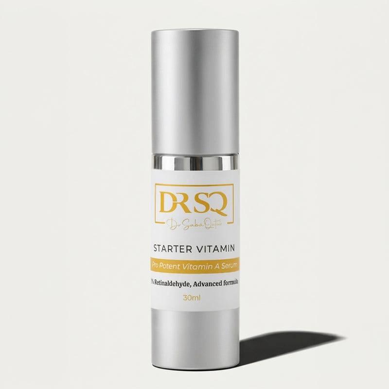 Starter Vitamin A serum bottle with the grey shadow behind