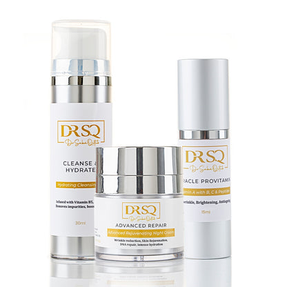 DRSQ Aging Starter Kit Comprising Cleanse & Hydrate Cleanser, Miracle Pro Vitamin Serum, and Advanced Repair