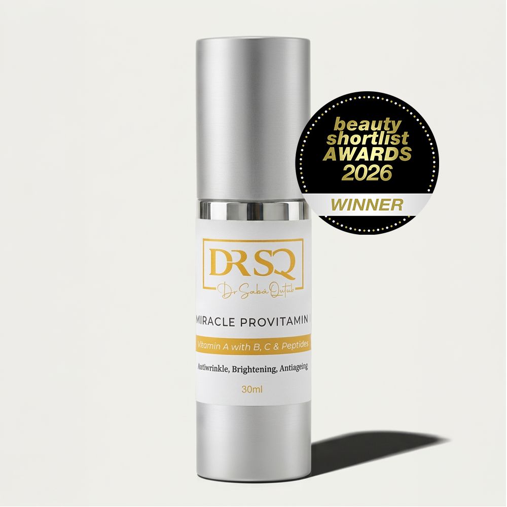 A bottle of Miracle Pro Vitamin serum shown with a badge of Beauty Shortlist Awards 2026 winner