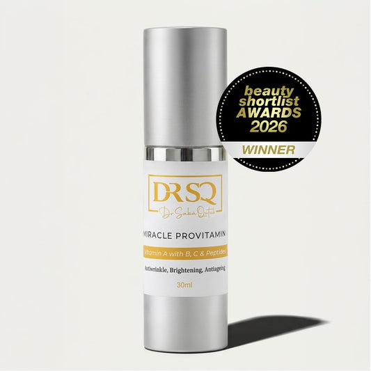 A bottle of Miracle Pro Vitamin serum shown with a badge of Beauty Shortlist Awards 2026 winner