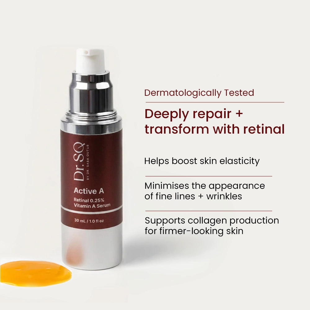 An open Active A serum bottle with visible texture and proven benefits written at the right