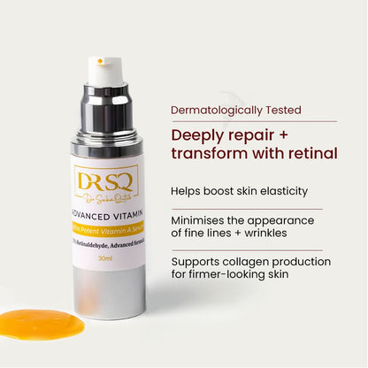 An open serum bottle of Advanced Vitamin A with proven benefits listed on the right
