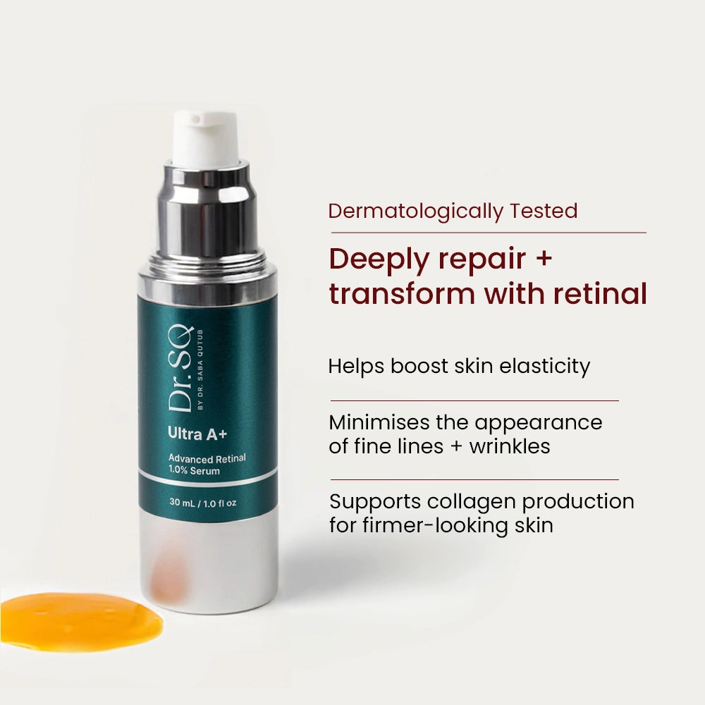 An open serum bottle of Ultra A+ with proven benefits listed on the right