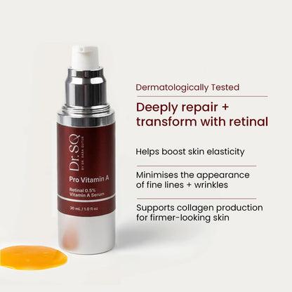 An open serum bottle of Pro Vitamin A serum with proven benefits listed on the right