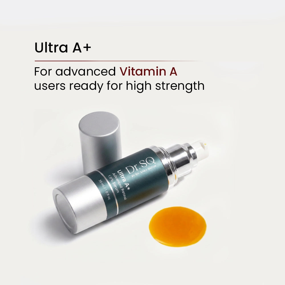 An open bottle of Ultra A+ serum is shown with texture 