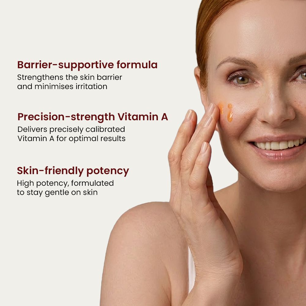 An aged woman applying Miracle Pro Vitamin serum on her face and and proven features of the product 