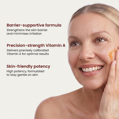 A woman with vitamin A serum applied to her face and proven features of the product