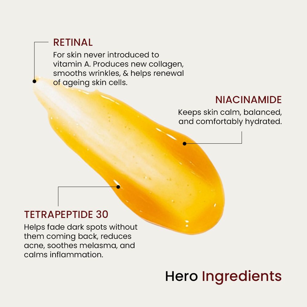 Retinaldehyde serum texture is shown with 3 hero ingredients