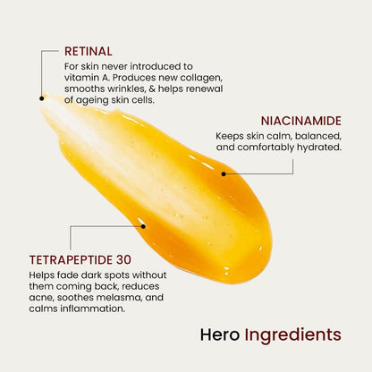 Retinaldehyde serum texture is shown with 3 hero ingredients