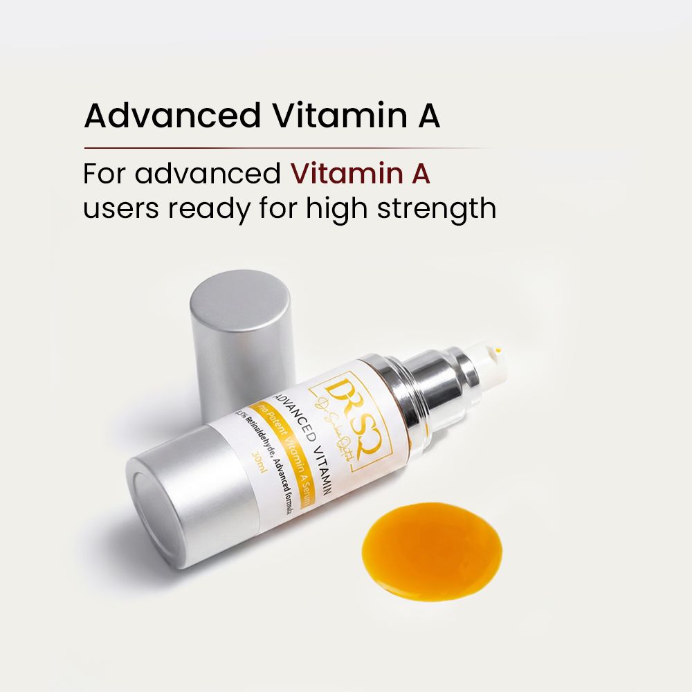 An open bottle of Advanced Vitamin A serum is shown with texture 