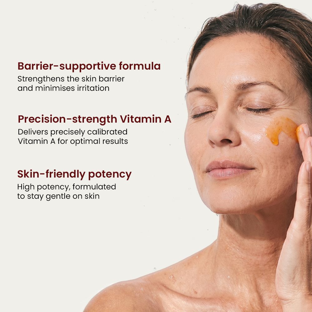 A woman with vitamin A serum applied to her face and proven features of the product 