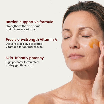 A woman with vitamin A serum applied to her face and proven features of the product 