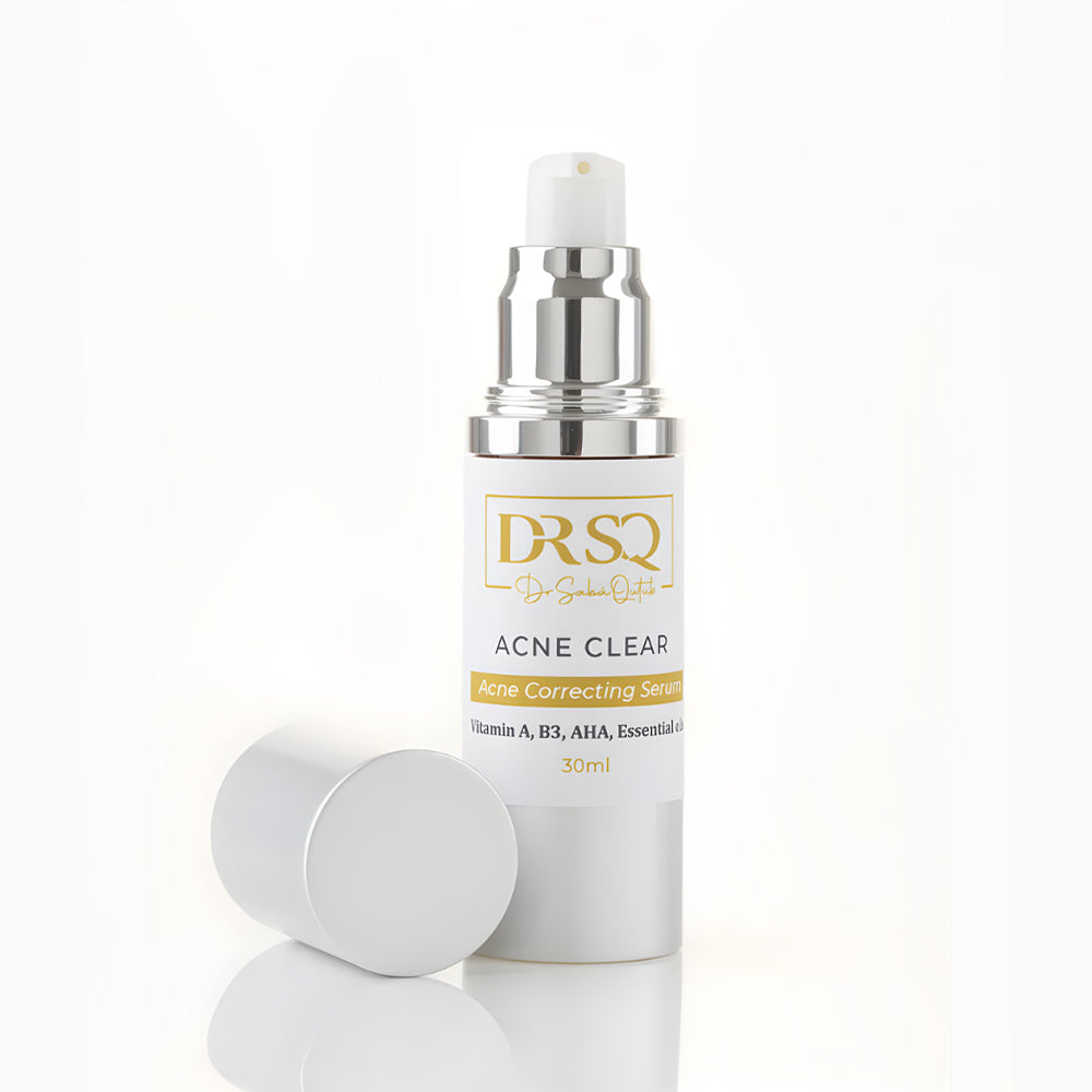 Acne Clear serum bottle DRSQ Acne Clear acne correcting serum bottle shown open with the cap