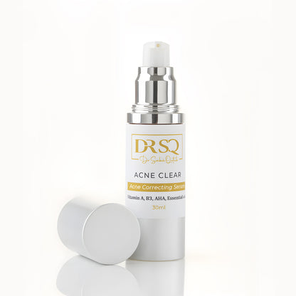 Acne Clear serum bottle DRSQ Acne Clear acne correcting serum bottle shown open with the cap
