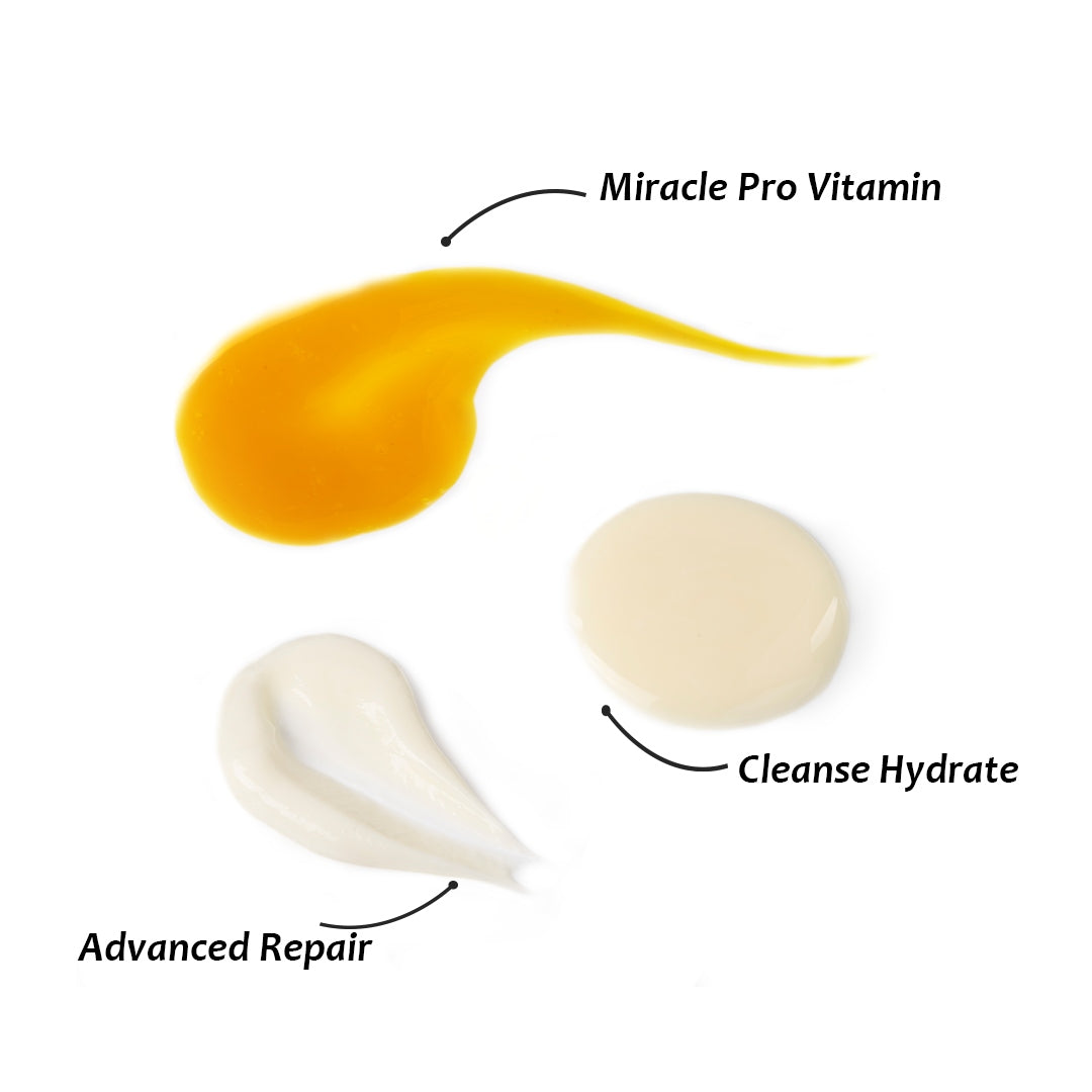 Textures of Cleanse & Hydrate Cleanser, Miracle Pro Vitamin Serum, and Advanced Repair
