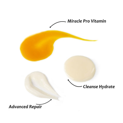 Textures of Cleanse & Hydrate Cleanser, Miracle Pro Vitamin Serum, and Advanced Repair