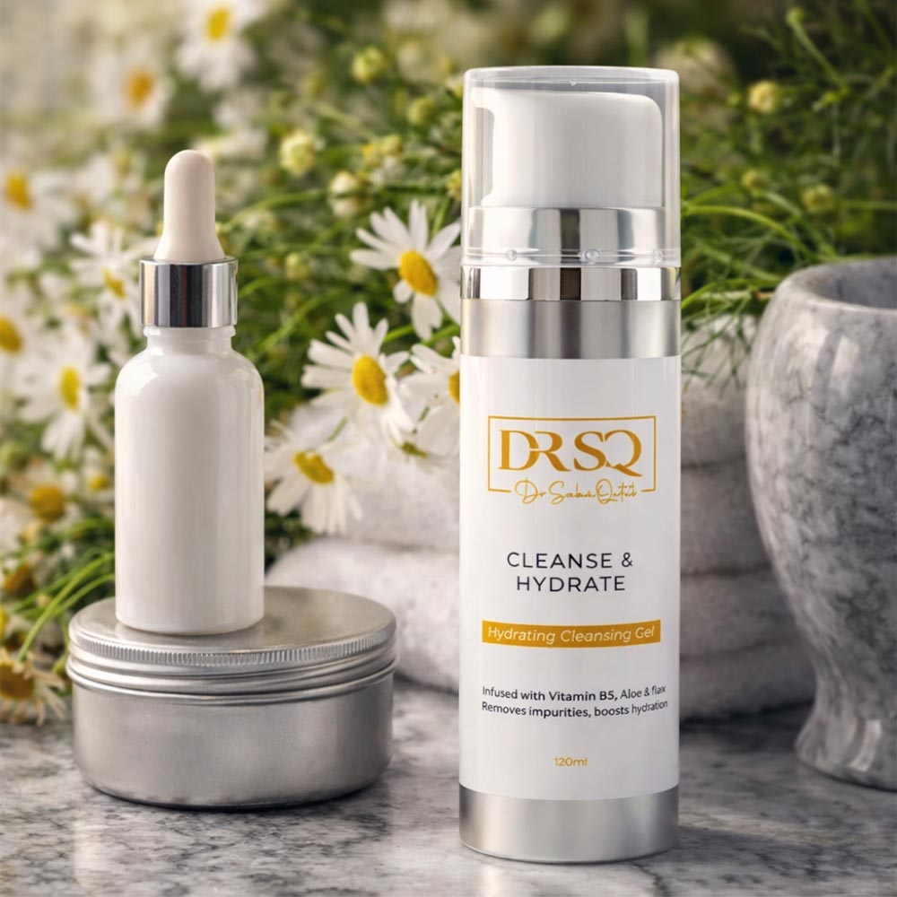 DRSQ Cleanse & Hydrate Hydrating Cleansing Gel bottle displayed upright with a serum bottle at the back