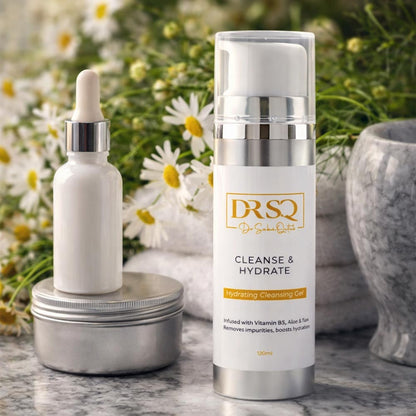 DRSQ Cleanse & Hydrate Hydrating Cleansing Gel bottle displayed upright with a serum bottle at the back