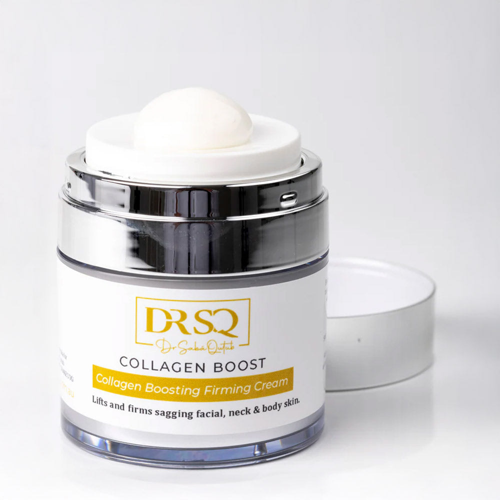 Collagen Boost cream jar kept open with the texture popping out