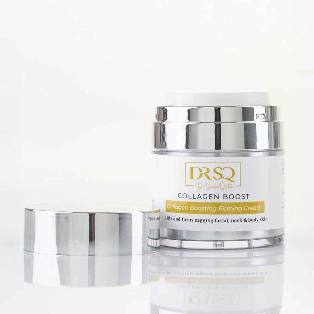 Collagen Boost organic moisturiser open jar with the cap beside it
