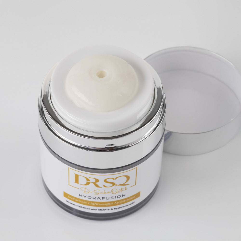 DRSQ Hydrafusion moisturiser jar shown open with visible cream texture