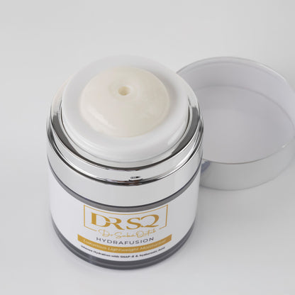 DRSQ Hydrafusion moisturiser jar shown open with visible cream texture