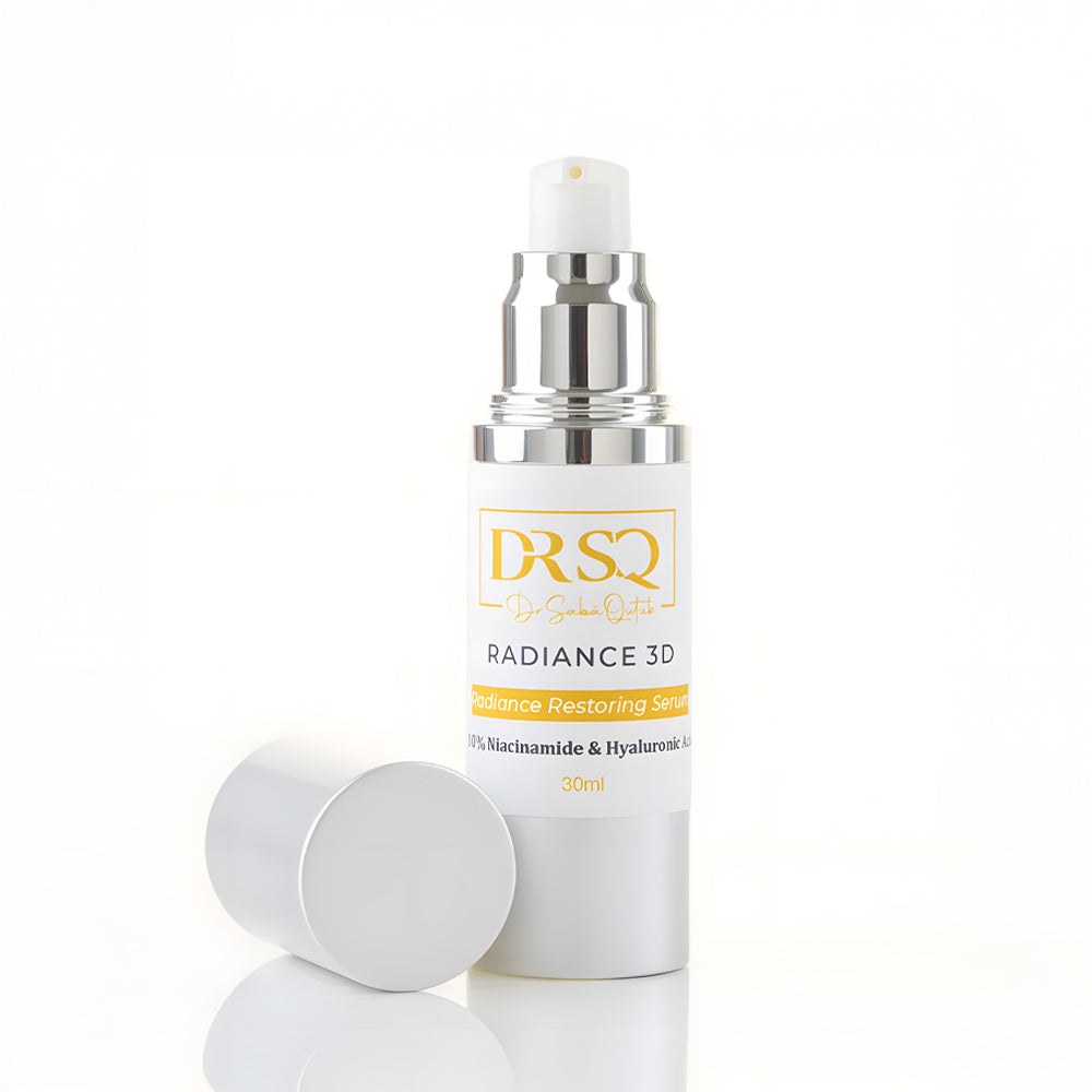 Radiance 3D Serum bottle kept open on a white surface