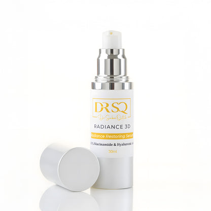 Radiance 3D Serum bottle kept open on a white surface