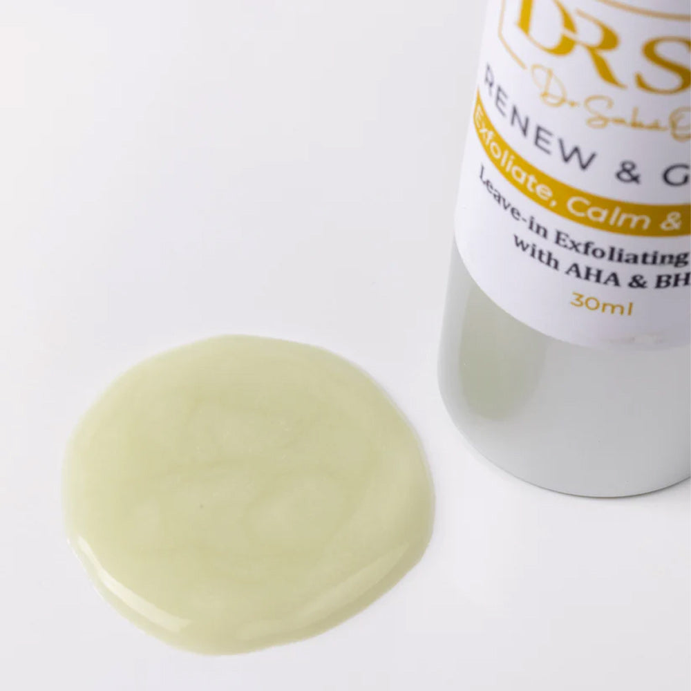 Renew & Glow serum texture shown beside the product