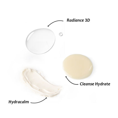 Textures of Cleanse & Hydrate Cleanser, Radiance 3D Serum, and Hydracalm Moisturiser